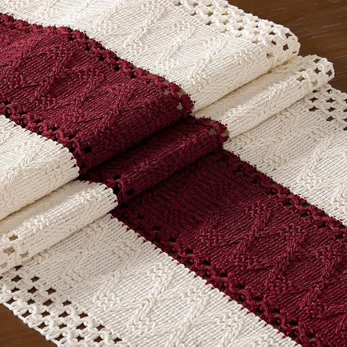 DeZerlor Ivory&Burgundy Boho Macrame Farmhouse Woven Table Runner 90Inch | - Image 5