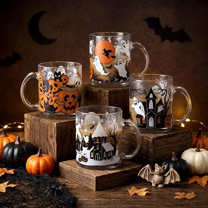 Tioncy 4 Pcs Halloween Ghost Coffee Mugs 12 oz Scary Pumpkin Glass Cups - Image 2