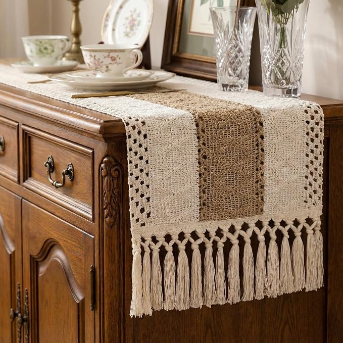 Burlap Boho Table Runner Macrame Brown 108in Farmhouse Woven Runner | Burlap by Xiomot