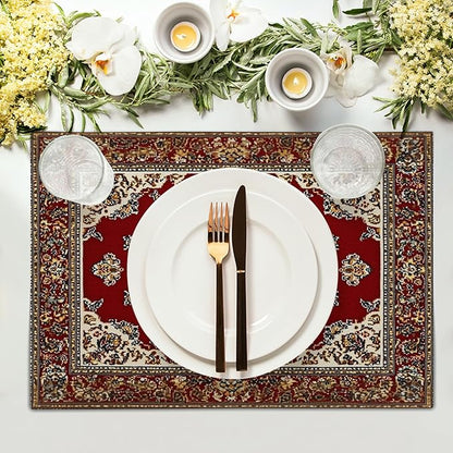 Giwawa 12"x18" Ethnic Boho Placemats Set of 4 Antique Tribal Rustic Red Floral Table Mats Farmhouse Carpet Stain Resistant Washable Linen Place Mat for Kitchen Dining Picnic Party Decor