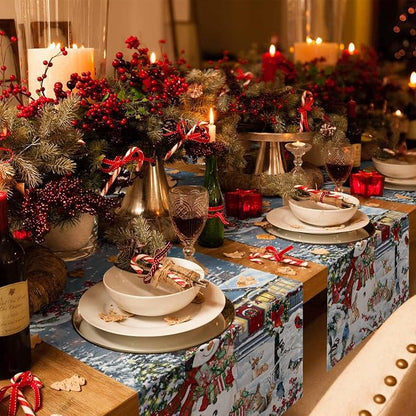 Merry Christmas Table Runner 90 Inches Long, Xmas Trees Snowman Snowflake Table - Image 6