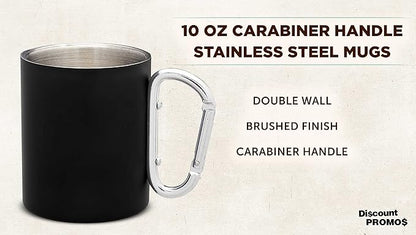 DISCOUNT PROMOS Stainless Steel Mugs with Carabiner Handle 10 oz. Set of 10, Bulk Pack - Perfect for Coffee, Soda, Other Hot & Cold Beverages - Black
