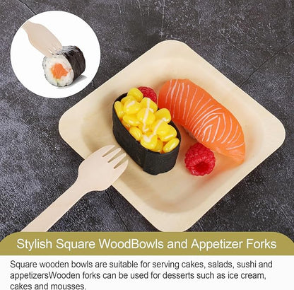100 Pcs Disposable Palm Leaf Bowls, Square Bamboo Appetizer Plates, Compostable Wood Plates with Bamboo Forks for Birthday Wedding Party, Dessert, Catering and Home Use (4.4 x 4.4x0.5 Inch)