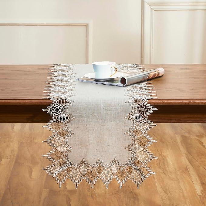 Natural Linen Table Runner 48 inches Beige Lace Coffee Table Runners | Beige - Image 2