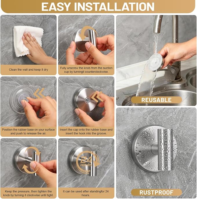 Large Suction Cup Hooks, Heavy Duty 15lb Holds Towel & Robe, No-Drill Shower - Image 6