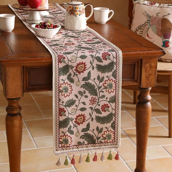 Designer Vintage Linen Extra Long Table Runner, Floral Leave Pattern, Dining - Image 2