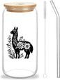 Cute Llama Glass Cup With Lids And Straws, Llama Gift For Women, Iced, Coffee, Smoothie, Cocktail, Beer, Whiskey, Soda, Matcha,16 Oz, Home Office Table Desk Decoration!