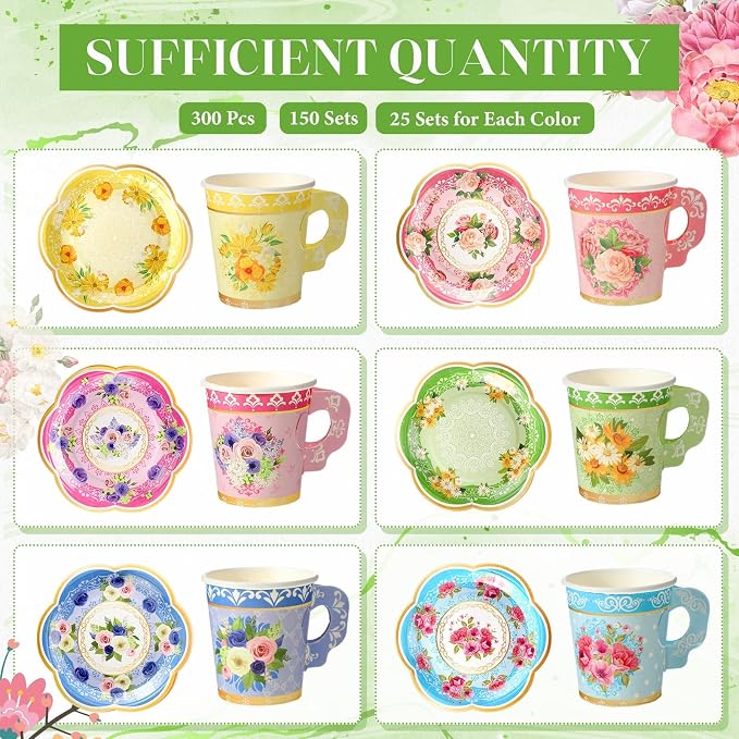 Nuogo 300 Pcs Floral Paper Tea Cups and Saucers 7 OZ Disposable Cups - Image 3