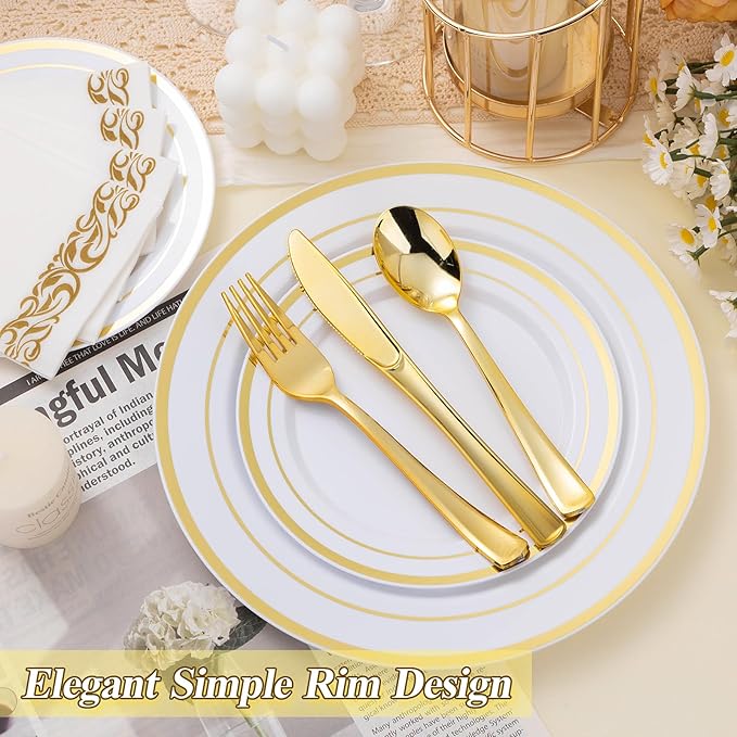 BESTSTAR 200PCS Gold Plastic Plates Set, 100 10.25 inch Dinner Plate and 100 7.5 inch Dessert Plates, Premium Disposable Plates for Party, Wedding