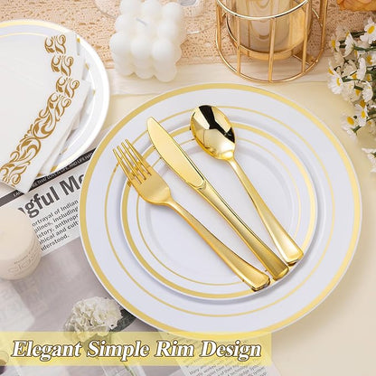 BESTSTAR 100PCS White Plastic Plates Set with Gold Rim, 50 10.25 inch Heavy Duty Dinner Plate and 50 7.5 inch Dessert Appetizer Plates, Premium Disposable Plates for Party, Wedding, Birthday