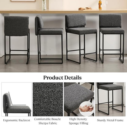 Modern Barstools Set of 4, 26” Upholstered Counter Height Bar Stools Sherpa Fabric Counter Stools with Padded Back Metal Frame for Kitchen Island Dining Room, Black