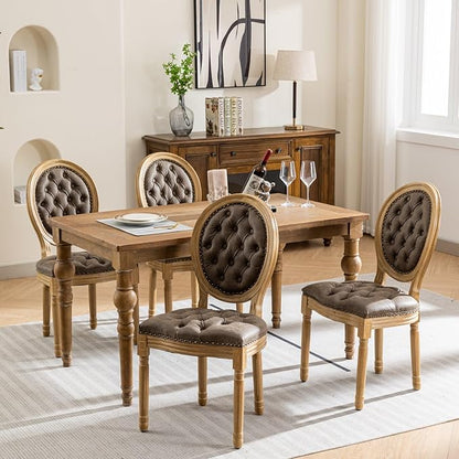 Vintage French Dining Chairs Set of 6, Round Back PU Leather Upholstered Accent Chairs with Nailhead Trim and Solid Wood Frame, Farmhouse Sillas de Comedor for Dining Room & Kitchen, Distressed Brown