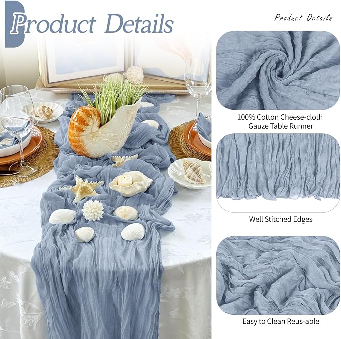 6 Pack Dusty Blue Cheesecloth Table Runner 17x108 Inch Semi Sheer Boho Gauze - Image 5