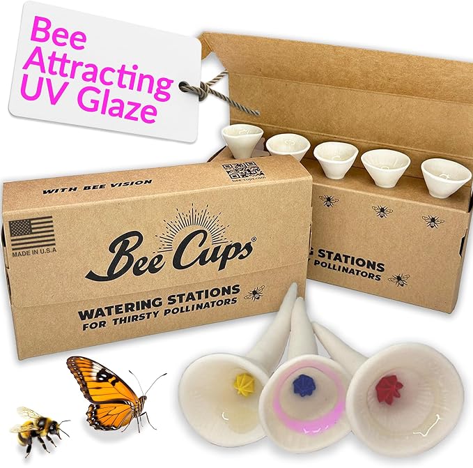 5 Pack, Bee Watering Station, 100% Handmade Porcelain, Bee and Butterfly Feeder by BeeCups