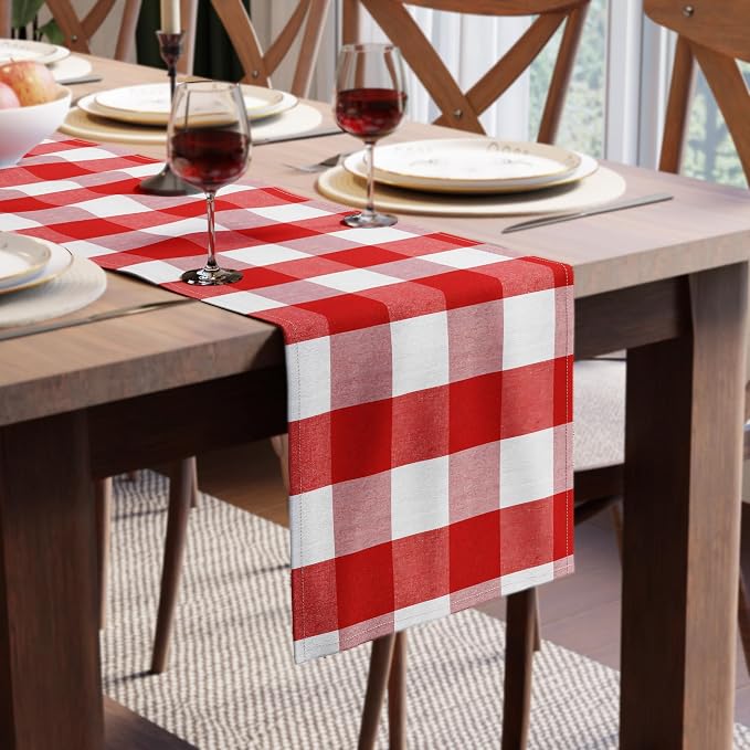 Encasa XO Table Runner, Woven Cotton Dining Runner 13"x48" | Buffalo Red Checks by EncasaXO