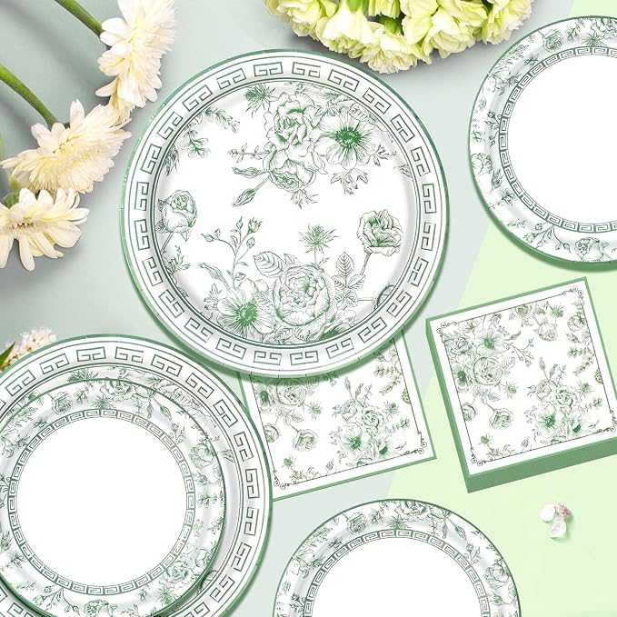 60Pcs Sage Green Floral Plates and Napkins Party Supply, Serves 20 | Disposable - Image 3