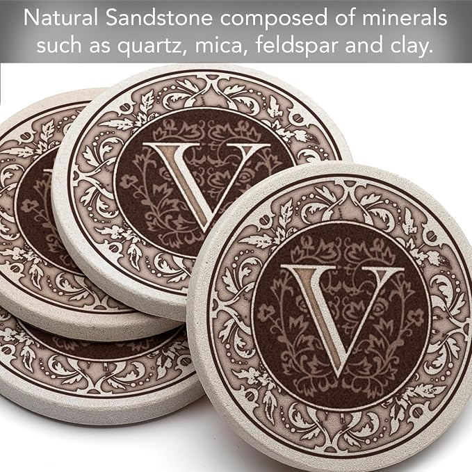 Thirstystone Monogram Round Natural Sandstone Coaster 4 Pack | 4" Diameter - Image 4