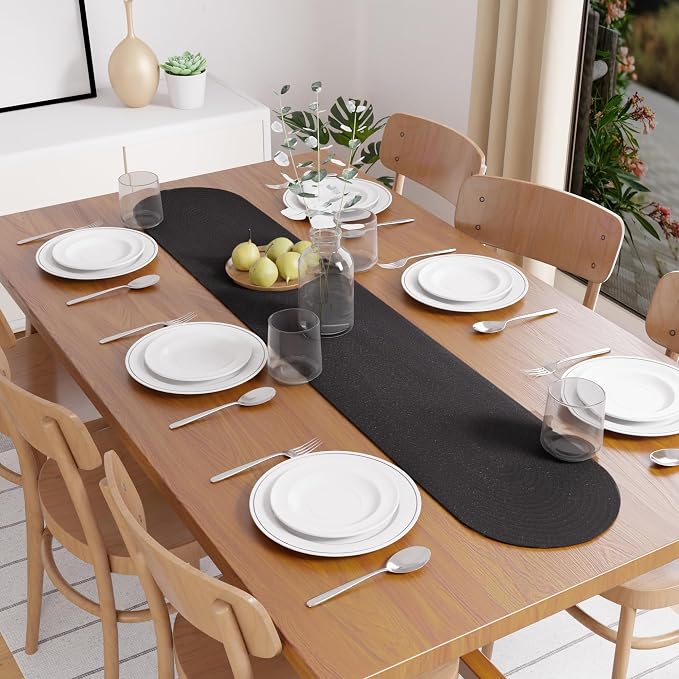 Encasa XO Table Runner, Handmade Ribbed Cotton 12"x54" | Black, Heat & Scratch - Image 3