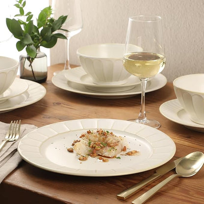 Gibson Elite Winchester Way 12-Piece Embossed Stoneware Dinnerware Set – Reactive Matte Glaze, Durable Lightweight-Tech Plates & Bowls, Everyday Dish Set, Microwave & Dishwasher Safe – Off-White