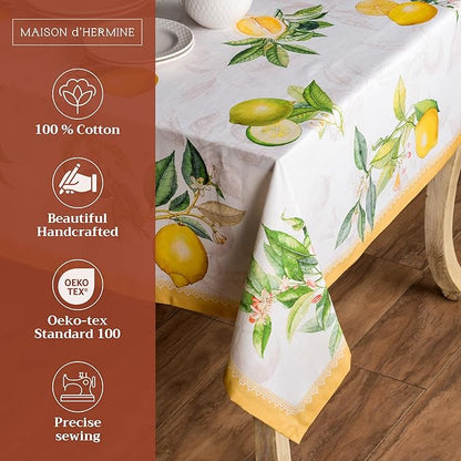 Maison d' Hermine Table Cloth Rectangle Table 100% Cotton 70 x 140 Inches Tablecloth Reusable Decorative for Dining Room Farmhouse Home Valentines Day Decorations Spring Summer - Limoncello