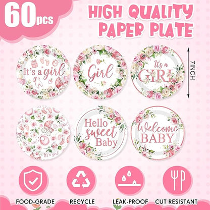 60 Pcs 7 Inch Baby Shower Paper Plates Girl Pink Floral Baby Shower Plates Decorations Sweet Tableware It's a Girl Party Supplies Favors for Gender Reveal Theme Party