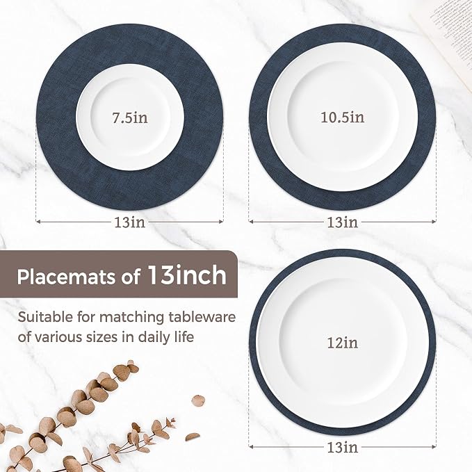 13" Round Placemats Set of 6, Reversible Faux Leather Heat Resistant Table Mats - Image 2