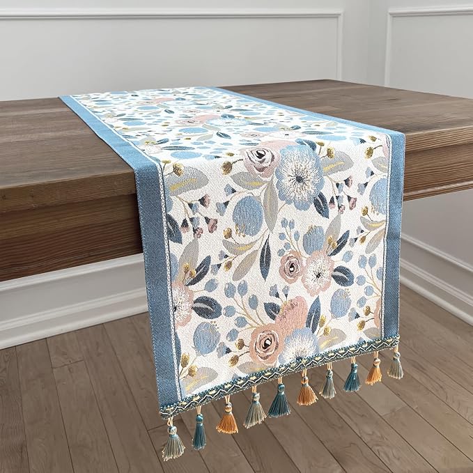 Floral Table Runner with Tassel Edges, Cotton Blend Decorative Runner by QGENUINE