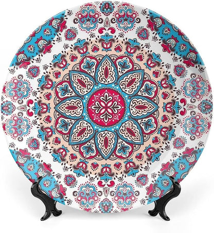 XISUNYA 7 Inch Decorative Plate, Boho Tableware Plate, Henna Style Floral Circles Paisley Retro Kaleidoscope Print Ceramic Wall Hanging for Home Office Party Dinner Table Decor