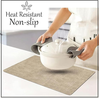 More Décor Faux Leather Placemats Set of 6 for Dining Table – Waterproof, Wipeable, Washable, Stain & Heat Resistant, Non-Slip Table Mats – 12 X 17 Inch, Beige