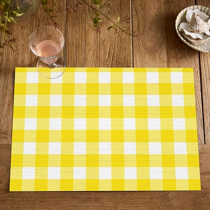 Artoid Mode Buffalo Plaid Vinyl Placemats Set of 4, 12x18 Inch Washable Non-Slip Heat Resistant Plastic Place Mats for Party Dining Table, Yellow/White