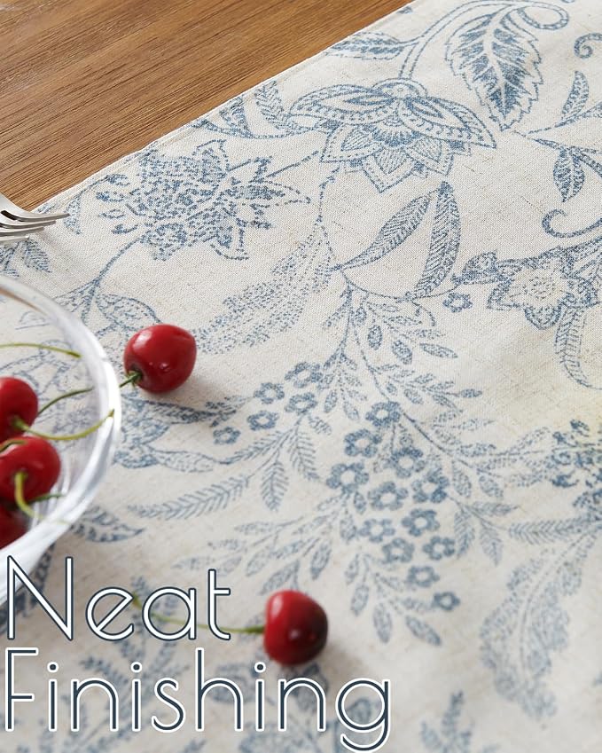 jinchan Blue Floral Linen Table Runner 13 x 72 Inch Farmhouse | - Image 4