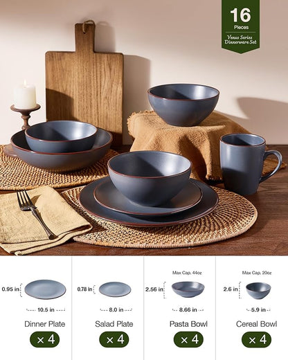 Famiware Venus Speckled Dinnerware Set with Pasta Bowls, Service for 4 (16 Pieces), Stoneware Plates and Double Bowls Sets, Microwave & Dishwasher-Safe Dishes with Trim, Matte Charcoal