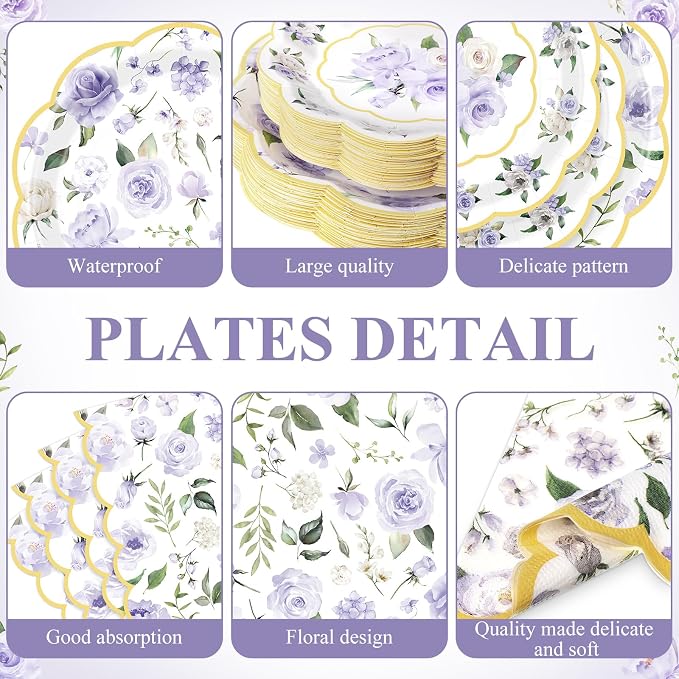 Funnymoom 250 Pcs Floral Party Decoration Flower Paper Plates Napkins and Cups - Image 2