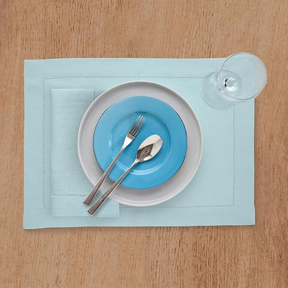 Solino Home Linen Cloth Placemats Set of 4-100% Pure Linen Hemstitch Aqua Blue Placemats 14 x 19 Inch - Classic Hemstitch Table Place Mats for Winter, Spring, Easter
