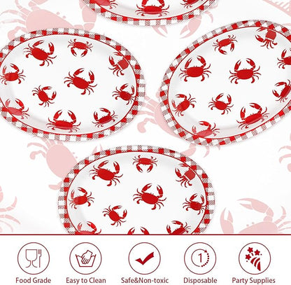 Grencian 50Pcs Crab Boil Oval Paper Plates 10"×12" Large Red Gingham Crab Party Plates Disposable Heavy Duty Summer Seafood Boil Party Supplies for BBQ Picnic Cookout Gathering Carnival Birthday Decor