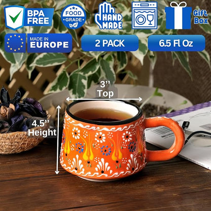 BCS 6 Oz Cappuccino Cups Set of 2, Hand-Painted Ceramic Coffee & Tea Mugs | - Image 2