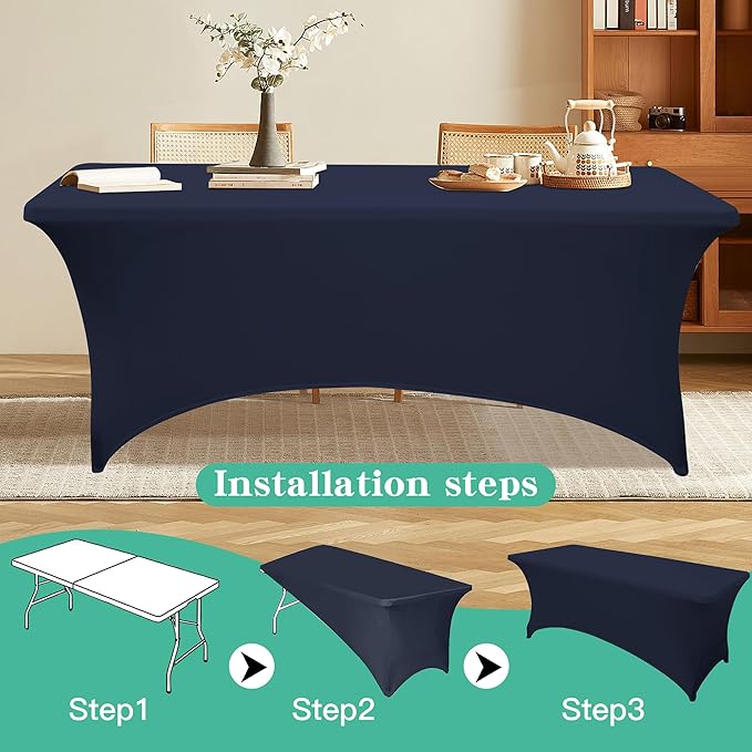 4FT Table Cloth for Rectangular Fitted Events Stretch Navy Blue Table Covers Washable Spandex Tablecloth Protector for Party, Wedding, Cocktail, Banquet, Festival