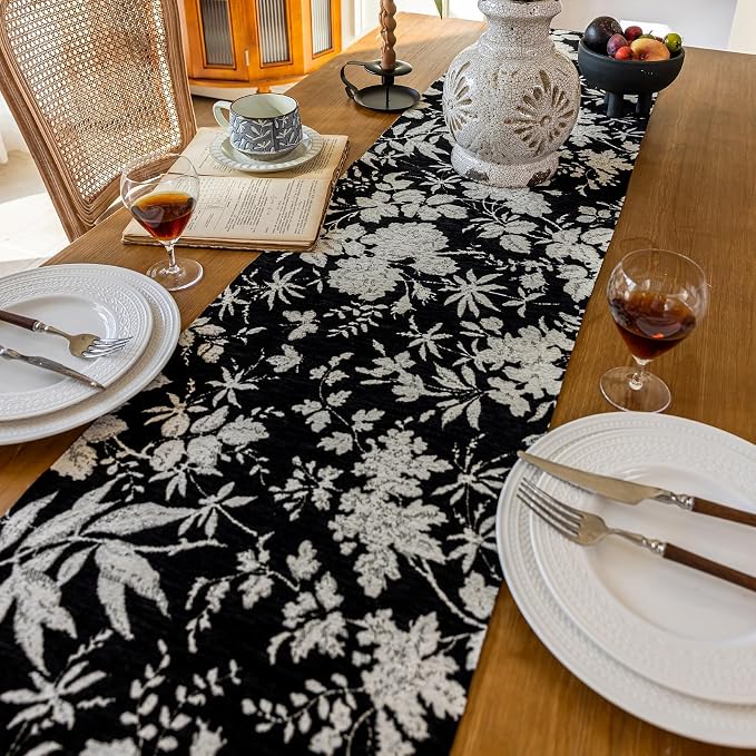 Floral Botanical Table Runner 13 x 48 Inch Black | Jacquard Flower, - Image 3