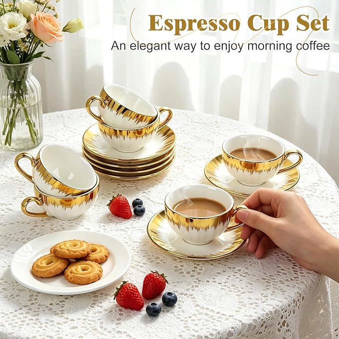 Espresso Cups with Saucers, 3.5 OZ Gold Ceramic Coffee Cup Set of 6, Demitasse - Image 5