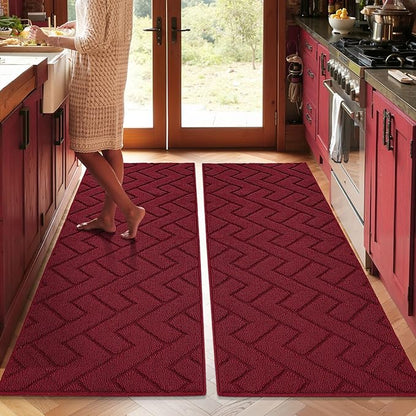 hicorfe Kitchen Rugs and Mats Sets,Non-Slip 2 Pieces Absorbent 100% Polypropylene Rug,Comfort Kitchen Runner Mat,Washable for Kitchen,Sink,Laundry(20" x 48"+20" x 48",Red)