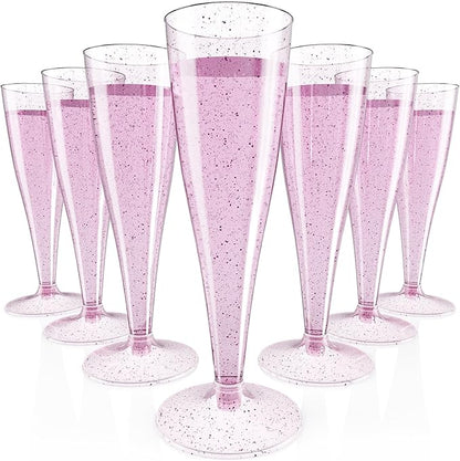 JOLLY CHEF 100 Pack Plastic Champagne Flutes Disposable 4.5 oz Purple Glitter Plastic Champagne Glasses Suitable for Wedding, Thanksgiving Day, Christmas