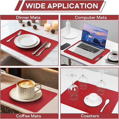 Faux Leather Placemats Set of 6, Washable Place Mats, Wipeable Waterproof Oil-Proof Heat Resistant Table Mats, Non-Slip Vinyl Placemats Rectangular Place Mat for Table Indoor Outdoor (Red)