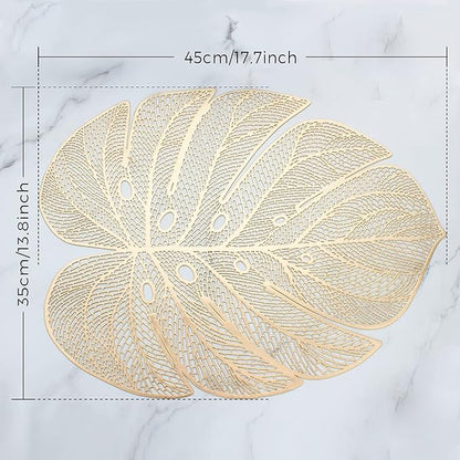 Evevda Gold Leaf Shaped Vinyl Placemats for Dinner Table Set of 4 Metallic Plastic Gold Place Mats Wipeable 6Pcs Table Mats for Wedding Annersary Dinner Table Decoration Mats