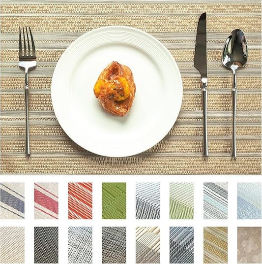 Placemats Set of 12 Vinyl/Plastic Woven Place Mats for Kitchen Table Indoor/Outdoor Washable Placemat Wipeable Dining Table Mats (Aurora Gold,12)