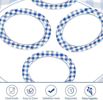 50Pcs Blue and White Gingham Oval Paper Plates 10" x 12" Large Blue Gingham Checkered Plaid Plates Disposable Heavy Duty Oktoberfest Plate for Oktoberfest Holiday Picnic BBQ Birthday Party Decorations