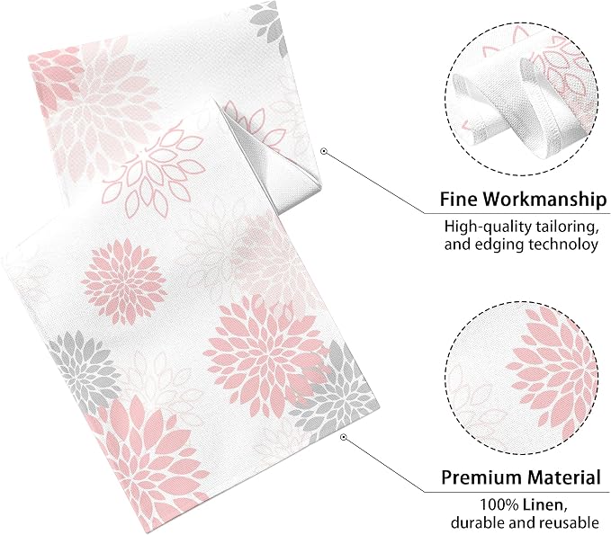 Dahlia Flower Table Runner 13x71 Inch Farmhouse Pink Gray Runners Modern Table - Image 2