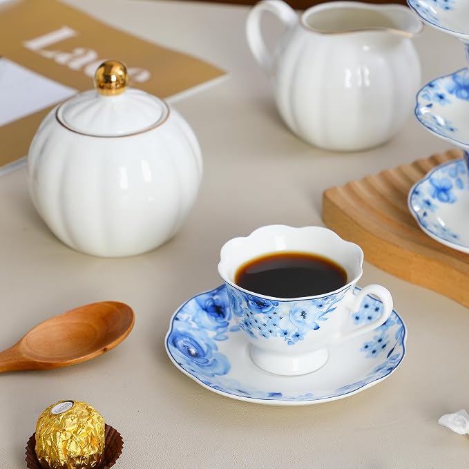 2.5oz Porcelain Demitasse Set of 6, 75ml Espresso Cup | Classic blue floral - Image 7