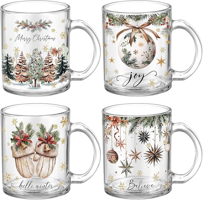 Tioncy 4 Pcs Christmas Coffee Mugs 12 oz Glass Mugs Set by Tioncy
