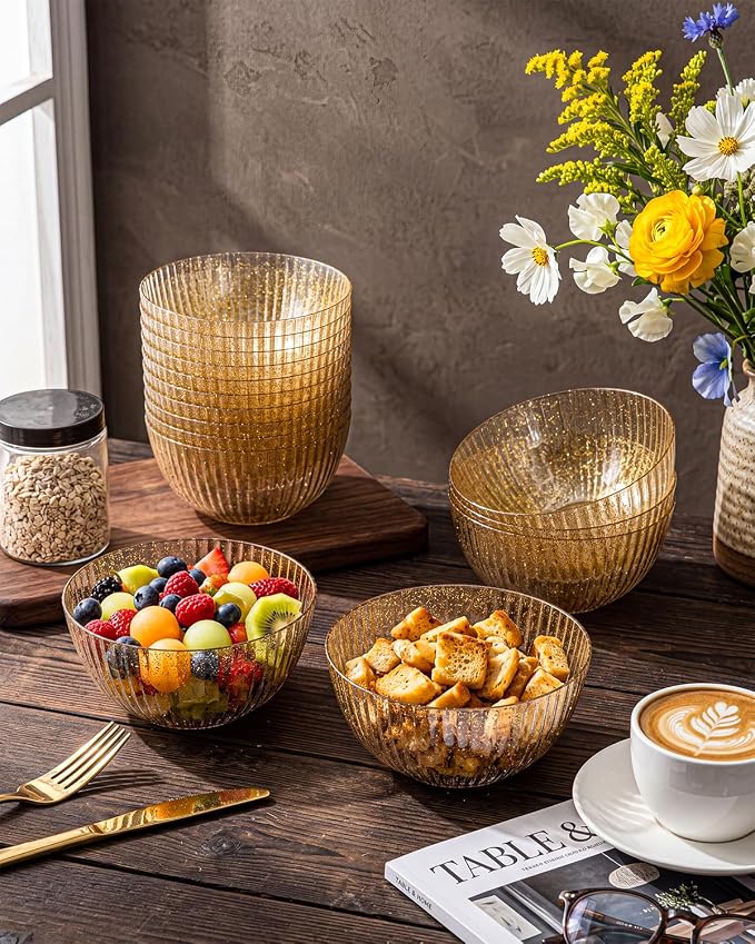 bUCLA 12 PCS Plastic Cereal Bowls Set - 28 Oz Gold Glitter Disposable Vertical - Image 3
