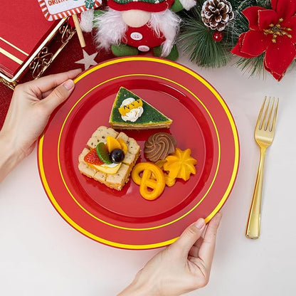 NOCCUR 200PCS Red Plastic Plates for 100 Guests - Include 100PCS 10" Dinner/ 100PCS 7" Dessert Plastic Plates Heavy Duty - Ideal for Wedding/Party/Valentines Day
